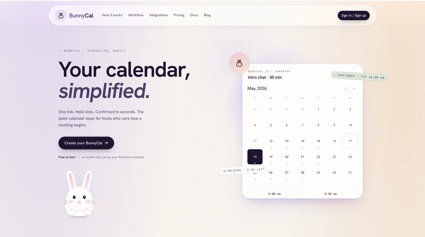 The BunnyCal landing page, with the Sign in / Sign up button in the top right.