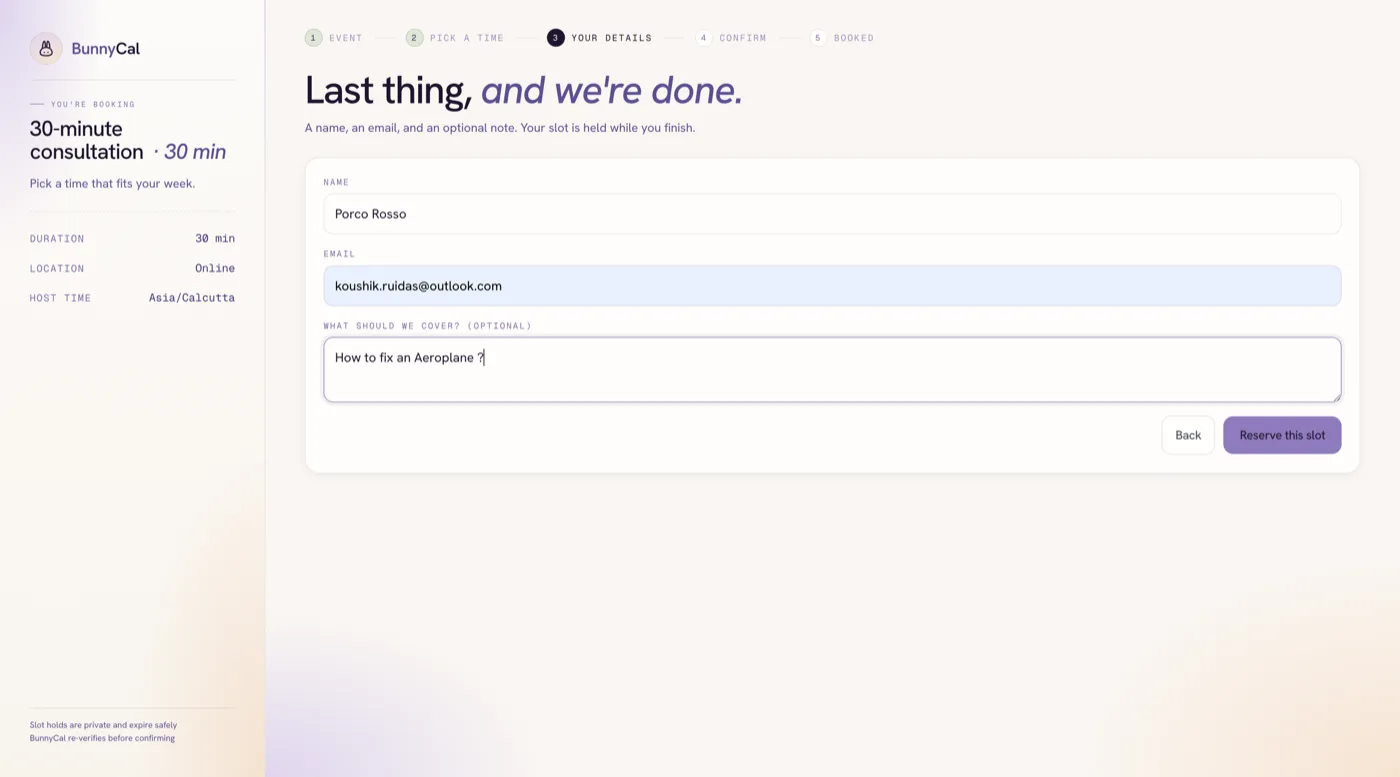 The details step, where the guest enters their name, email, and anything the host should know.