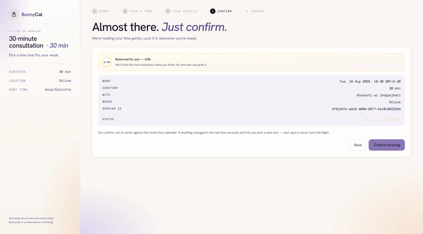 The confirm step, showing the booking summary and a countdown reserving the slot.