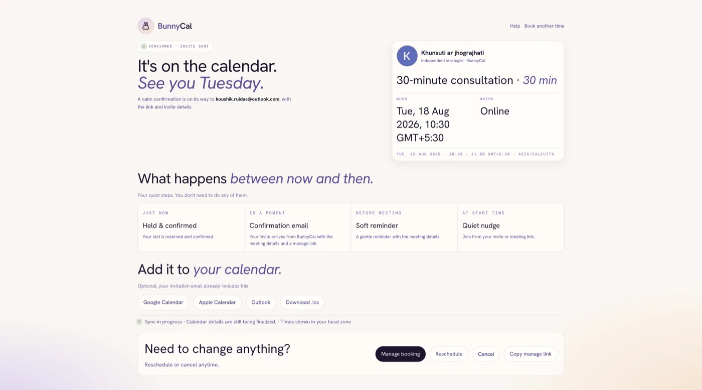 The booked confirmation: It's on the calendar, with what happens next and add-to-calendar options.