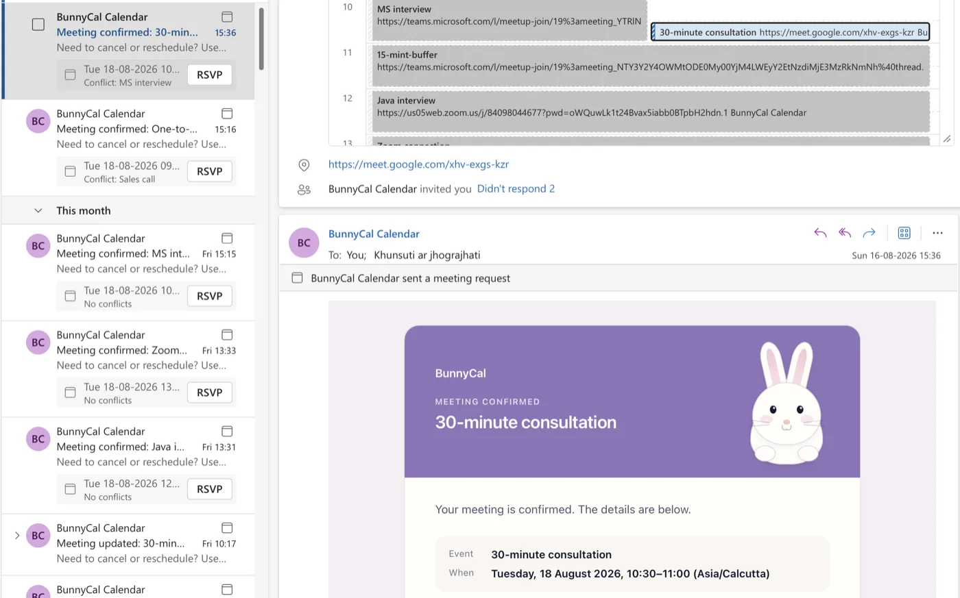 The confirmation email in the host's inbox, with the calendar invite attached.