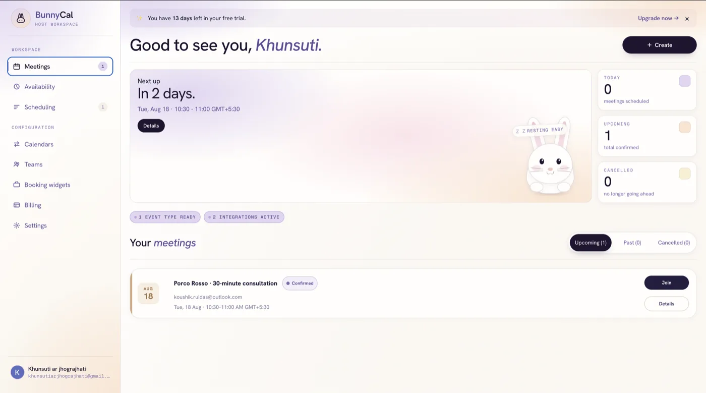 The host dashboard showing the new booking as confirmed, with the guest and a join button.