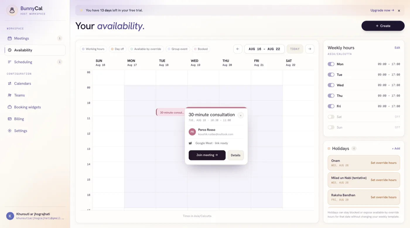 The host availability calendar with the confirmed booking placed in it, blocking that time.