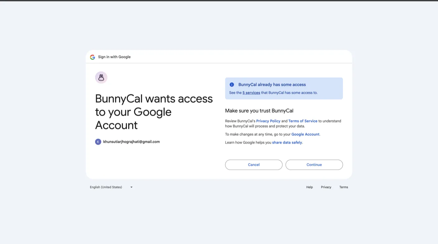 Google's consent screen: BunnyCal wants access to your Google Account.