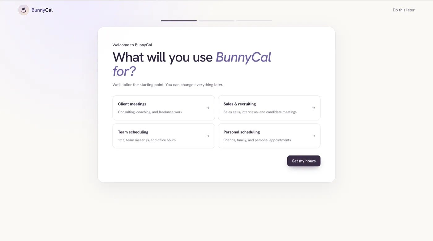 The onboarding use-case picker: What will you use BunnyCal for?