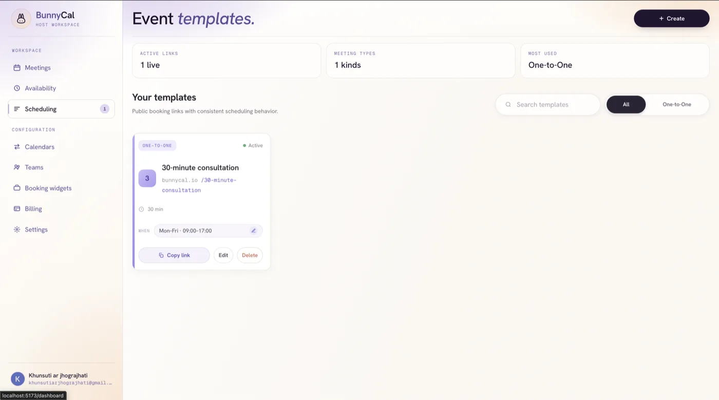 The Scheduling section showing the published 30-minute consultation with a Copy link button.