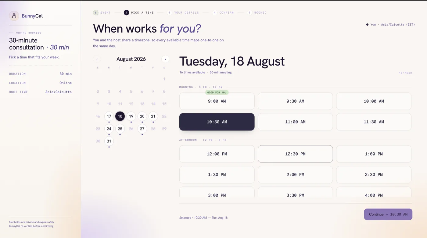 The public booking page: a calendar and the available times for the selected day.